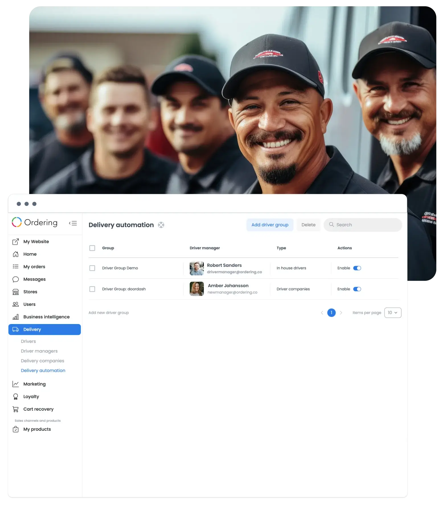 Illustrative Delivery Automation screen with driver groups
