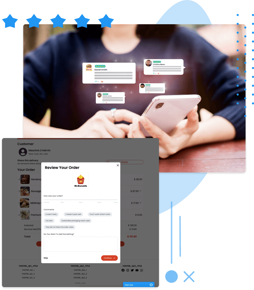Ordering.co order review popup with a five-star rating, and a customer's storefront showing businesses ranked by rating