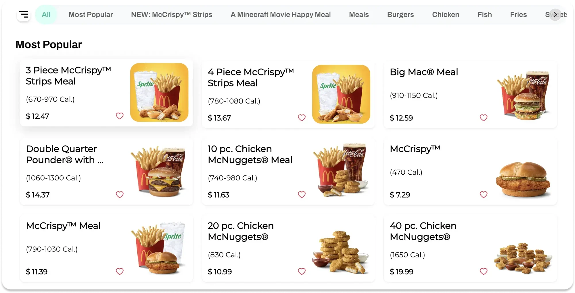 Category navigation above a grid of menu items