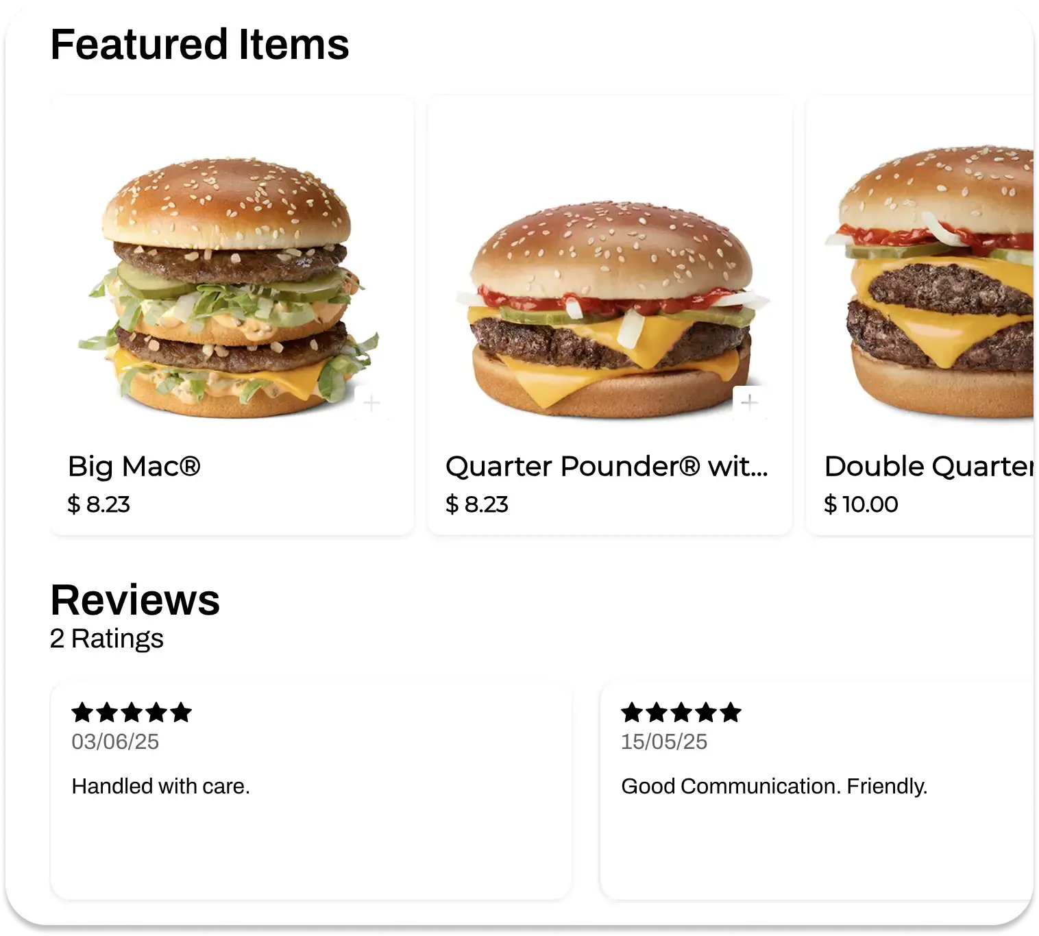 Product page with featured items and customer ratings