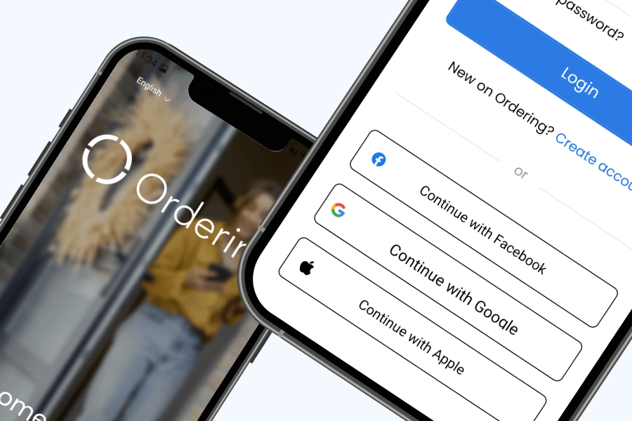 Ordering.co customer login screen with Continue with Apple alongside other sign-in options
