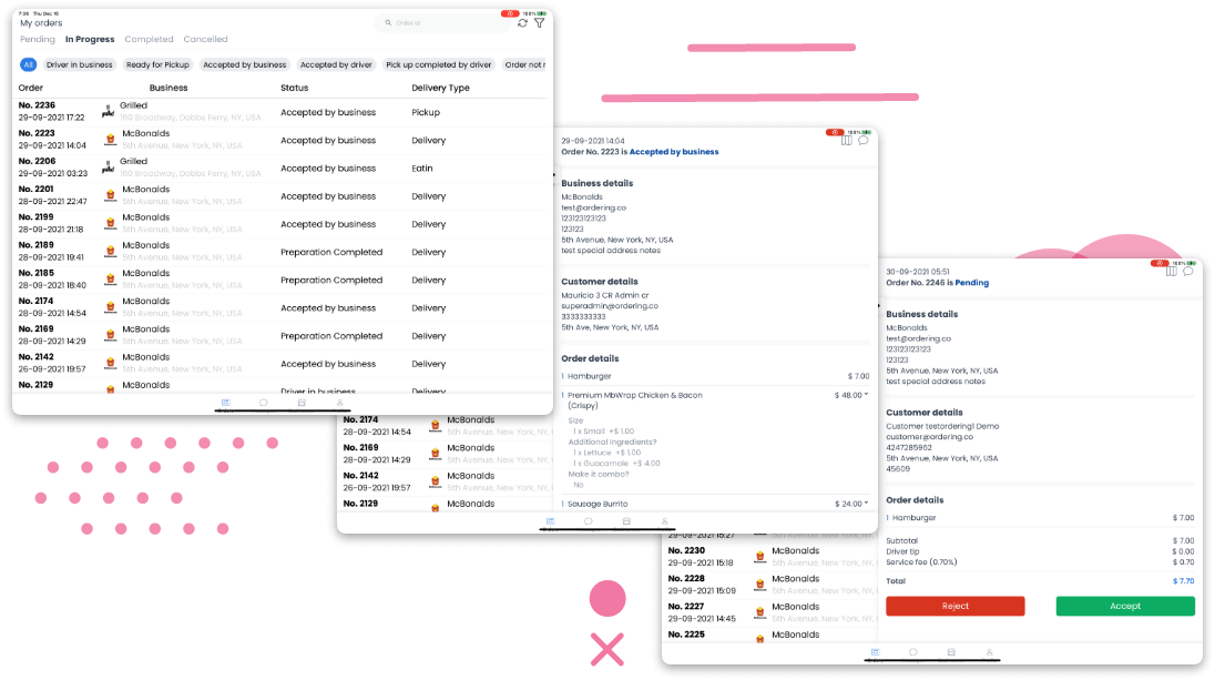 Tablet view of the full incoming orders list with order details