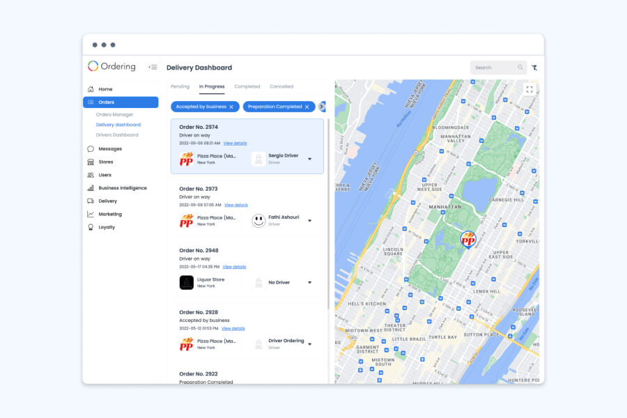 Delivery Dashboard with the delivery order list next to a map of the delivery area