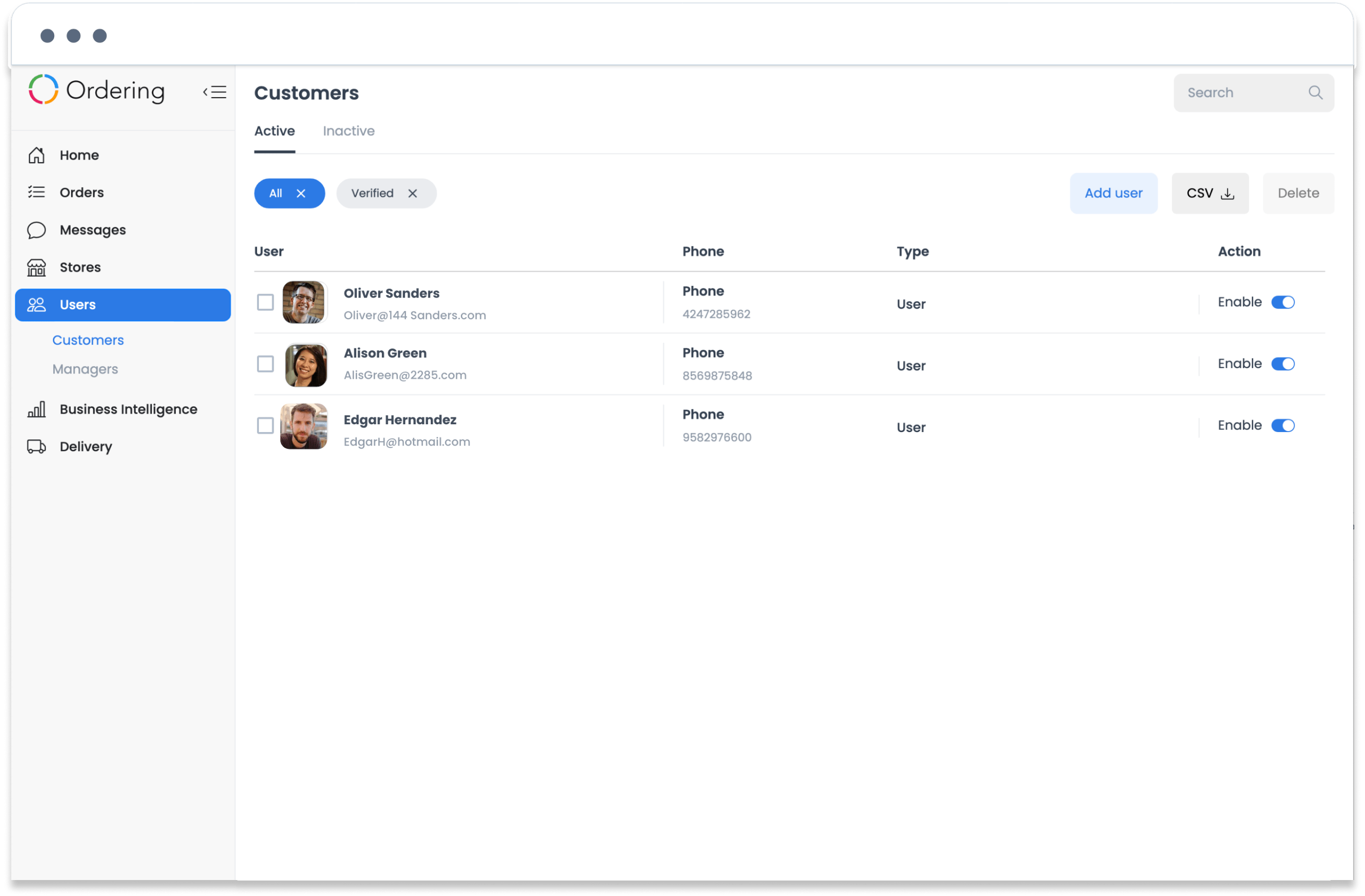 Customers list in the Dashboard users module