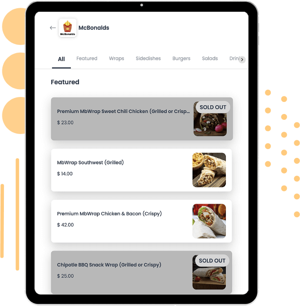 Business menu listing categories and products