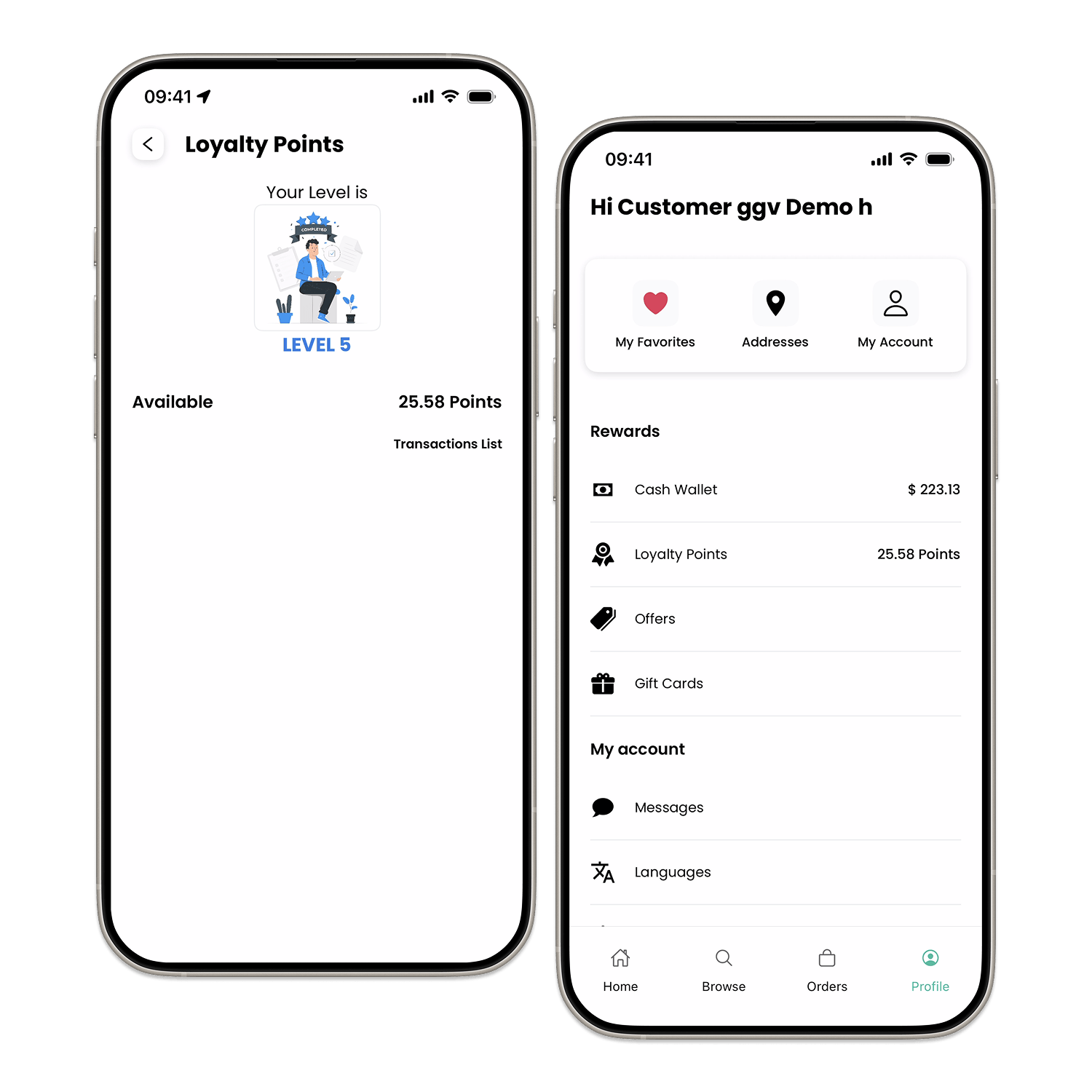 Marketplace App loyalty points screen with the customer's level and balance, next to the profile with rewards, wallet, offers, and gift cards.