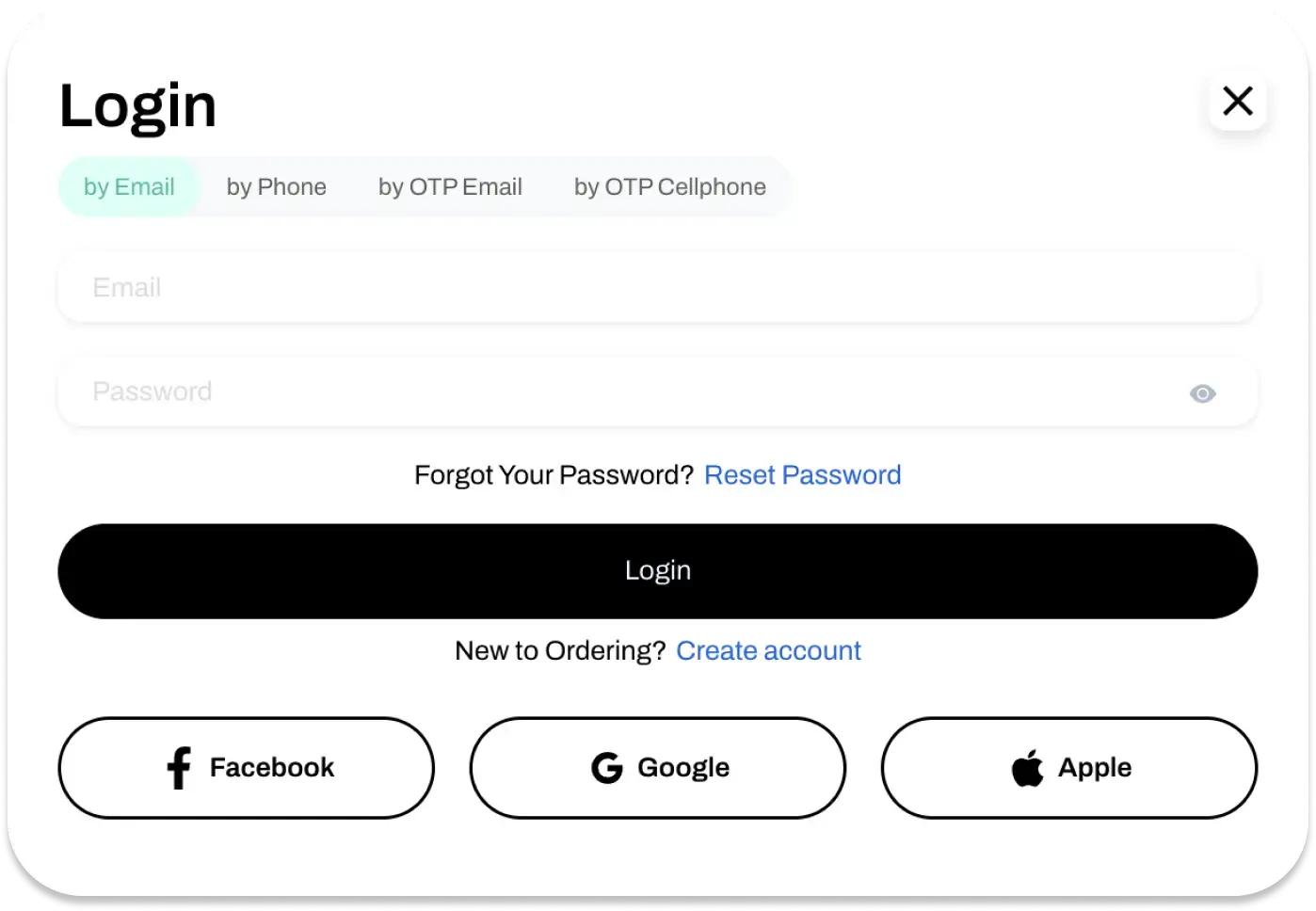 Sign in form with email, phone, and one time code choices