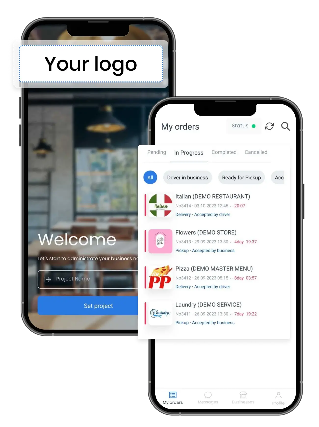 Business app with your logo on the welcome screen and the in-progress orders list