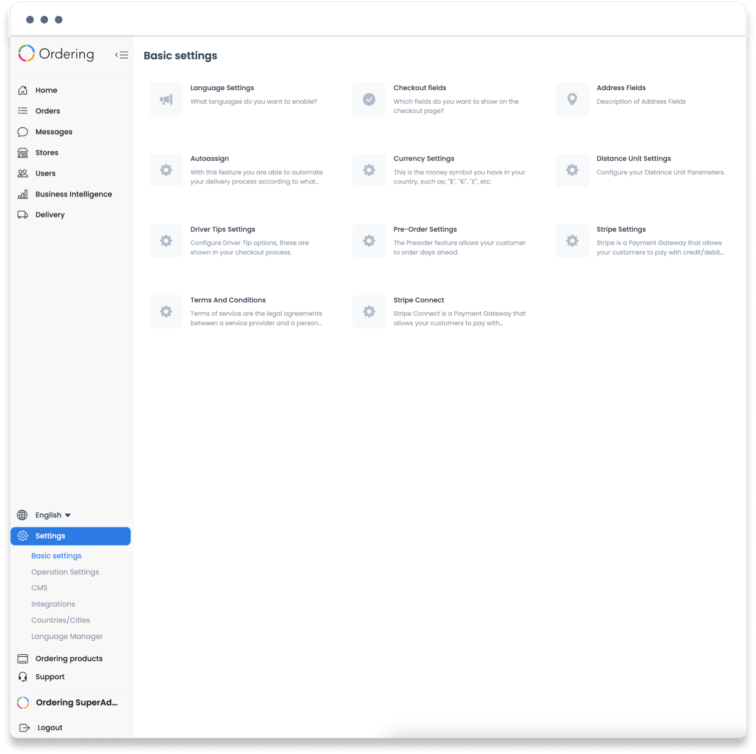 Basic settings screen with checkout, language, currency, and other options