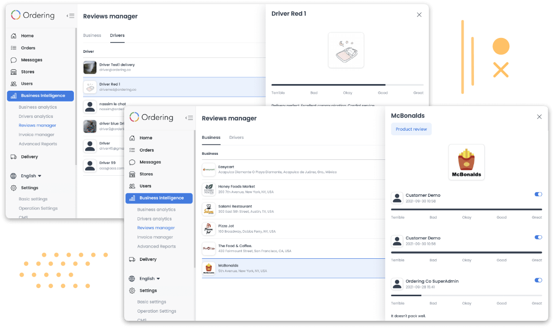 Ordering.co Review Your Order popup with a Terrible-to-Great rating scale and quick comment tags