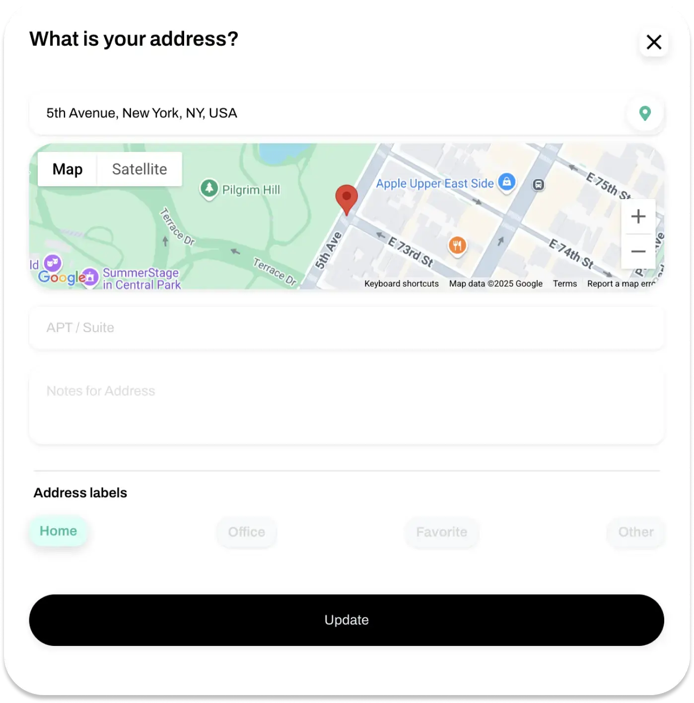 Delivery address dialog with a map and address fields