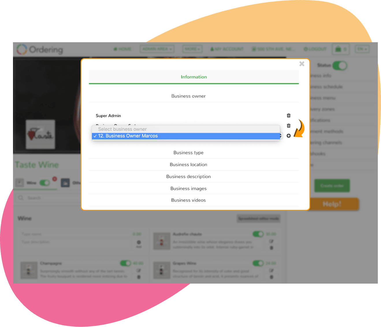 Ordering.co account settings Information dialog with a Business owner dropdown to add an additional business owner