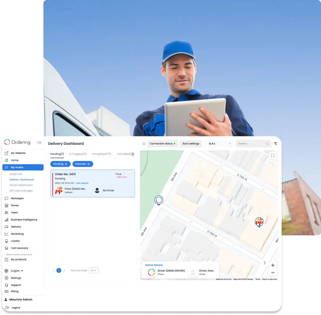 Drivers Delivery Dashboard map with driver locations and delivery orders