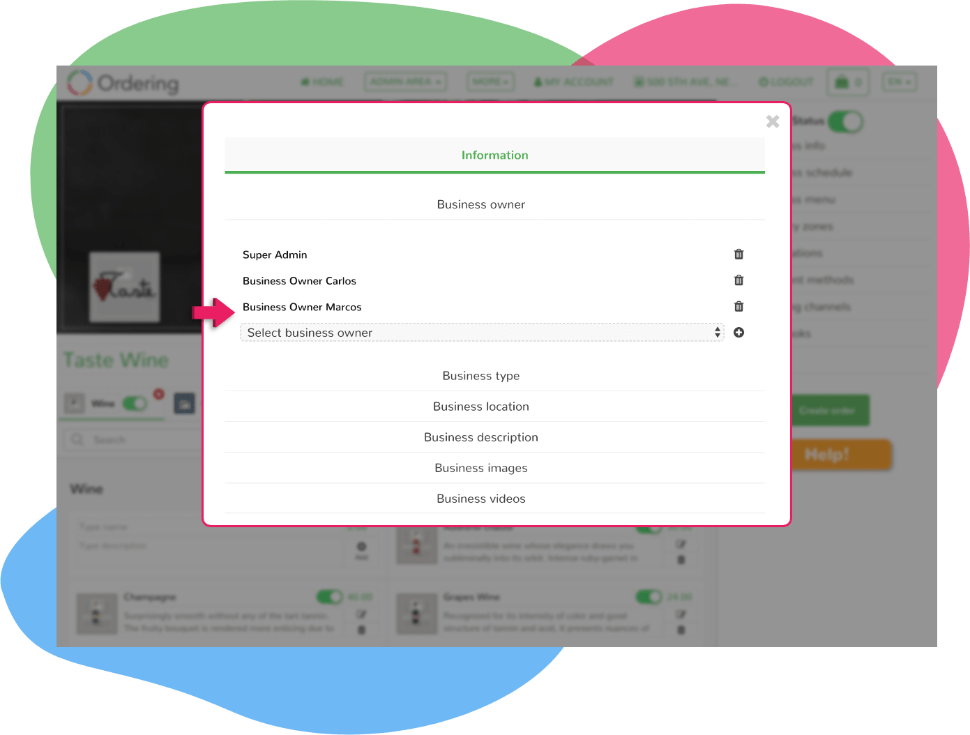 Ordering.co account settings Information dialog listing Super Admin and two business owners, each removable, with a control to add another