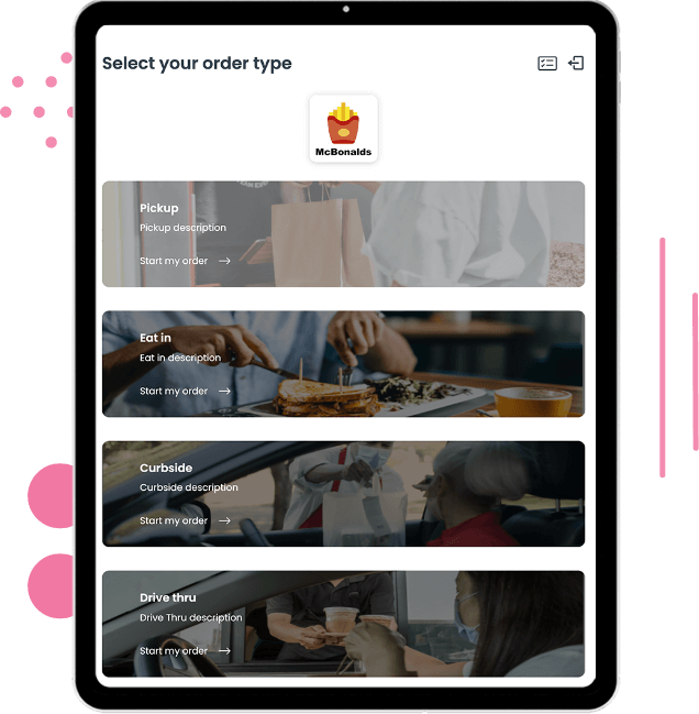 Order type selection screen: pickup, eat-in, curbside, and drive-thru