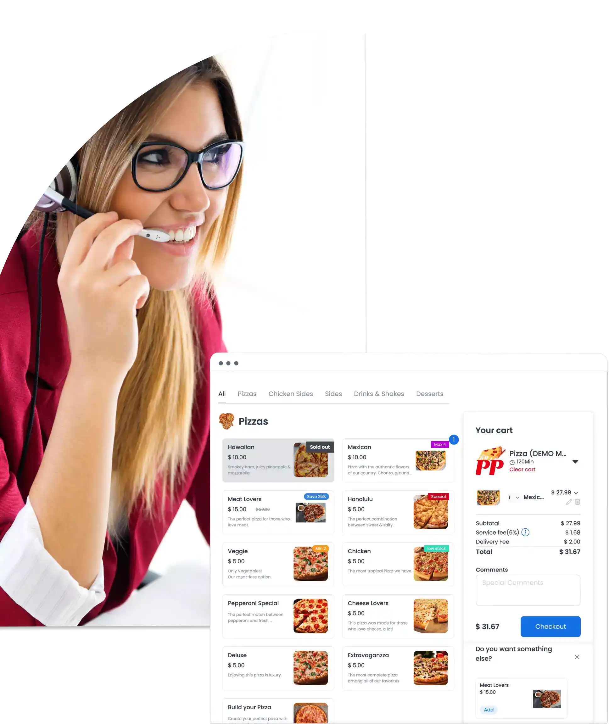 Call Center menu with the cart and a suggested extra item