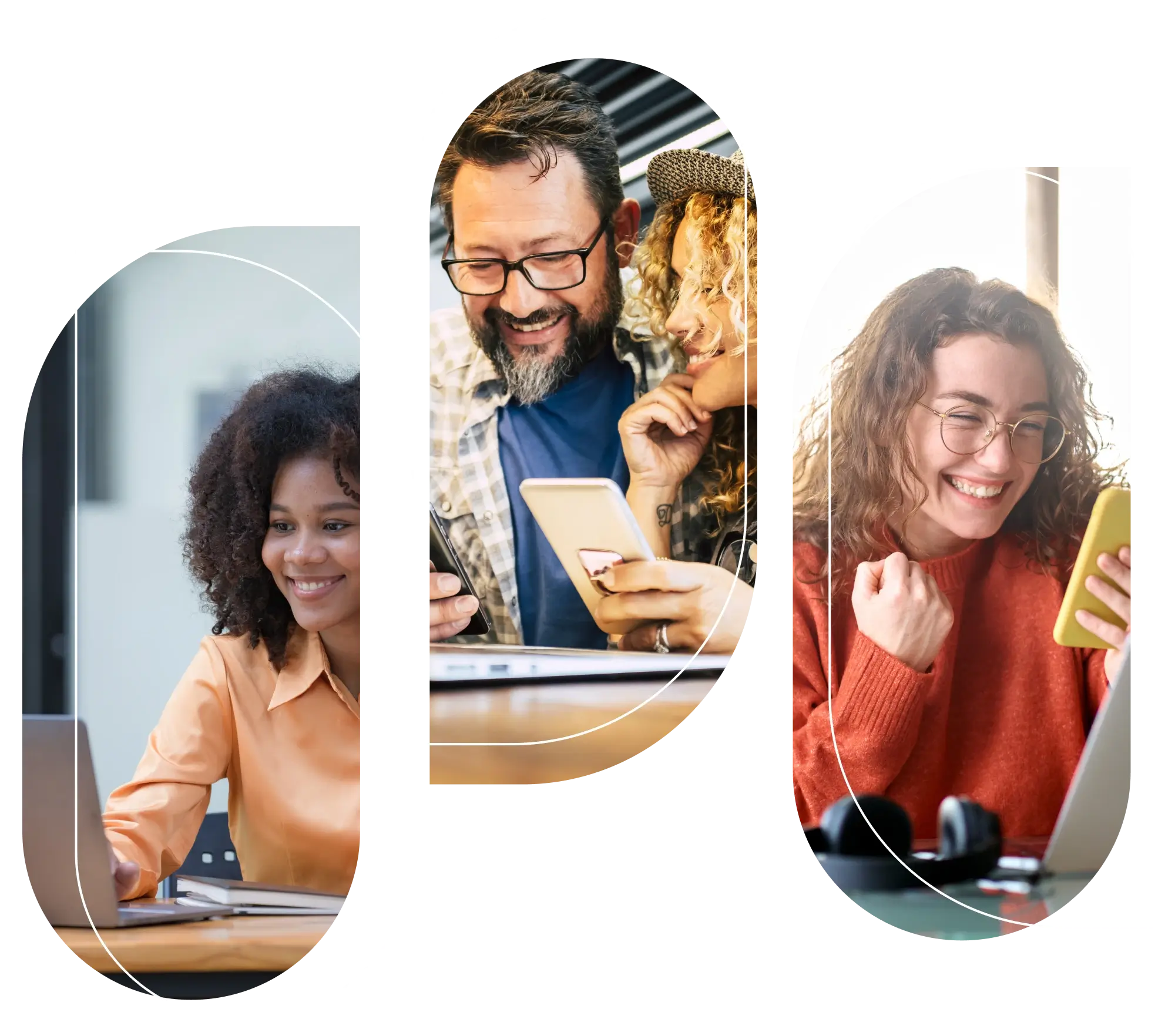 Three photos of people smiling at a phone: a woman working at a laptop, a couple looking at a phone together, and a woman raising a fist while looking at her phone next to an open laptop.