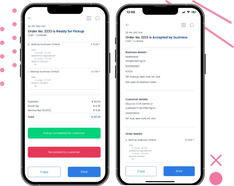 Order detail screens with the order status, customer details, and copy and print buttons
