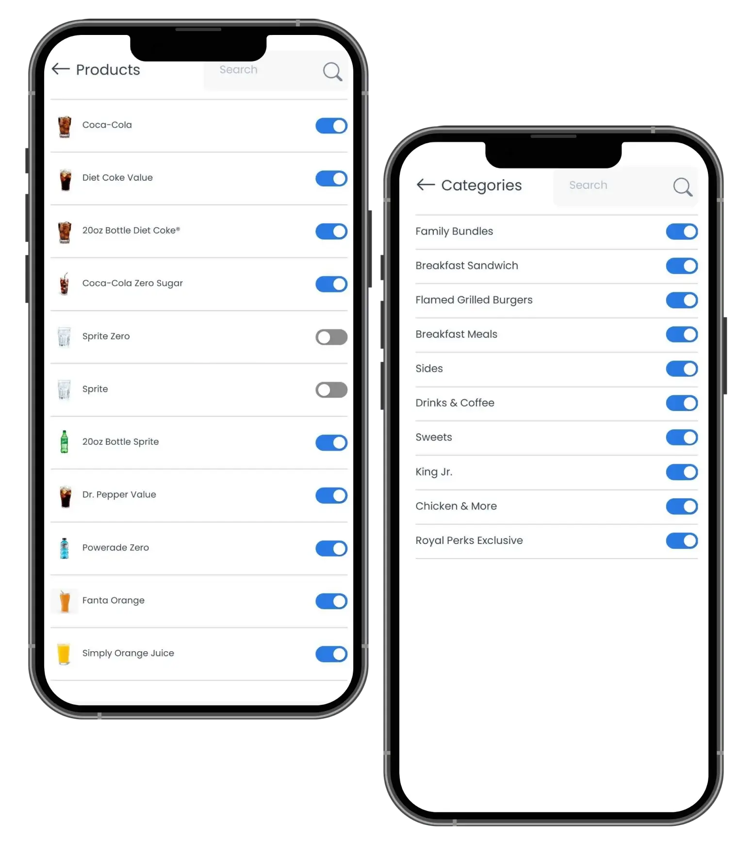 Phone screens with switches to enable or disable products and categories