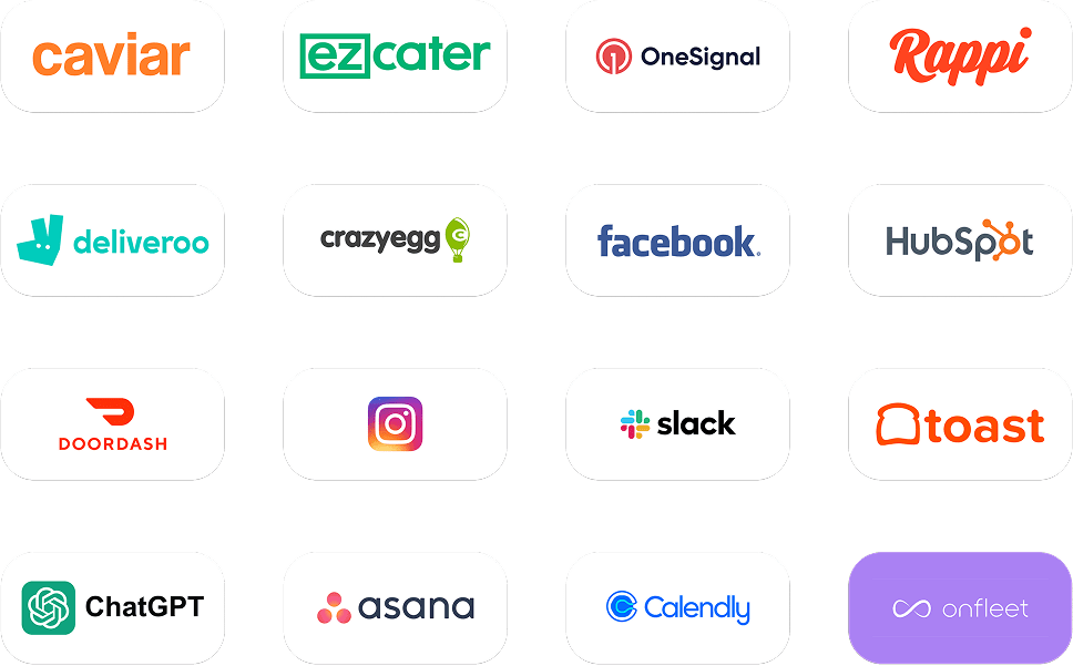 Integration logos: Caviar, ezCater, OneSignal, Rappi, Deliveroo, Crazy Egg, Facebook, HubSpot, DoorDash, Instagram, Slack, Toast, ChatGPT, Asana and Onfleet